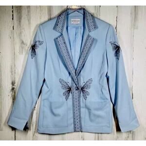 Vintage Victor Costa Womens Pant Suit Size 6 Blue Embroidery Details Butterflies